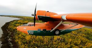 Canso A C-FNJE about to alight on Sturgeon Lake in north-western Alberta in September last year FARS